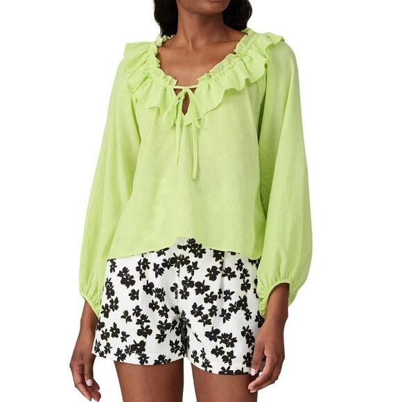 Love, Whit by Whitney Port Citron Ruffle Neck Long Sleeve Cotton Blouse Green M - Picture 1 of 7
